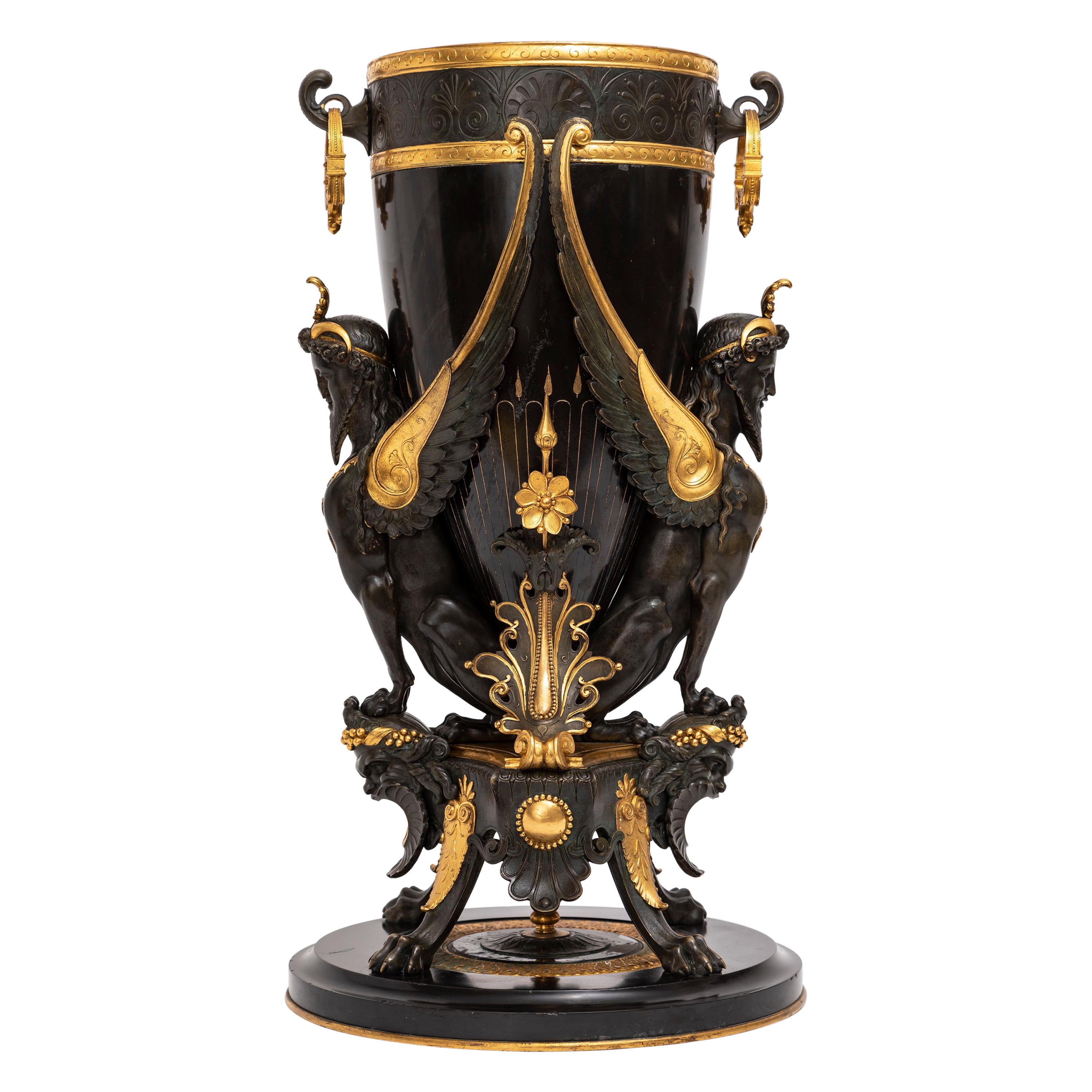 French Black Marble Patinated & Gilt-Bronze Vase Attributed: Charpentier & Cie For Sale