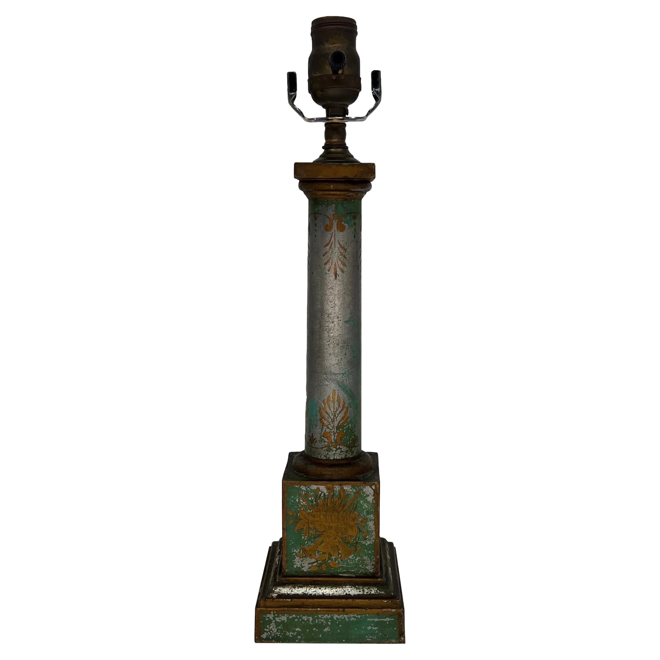 Antique French Green / Silver Neoclassical Tole Painted Table Lamp For Sale