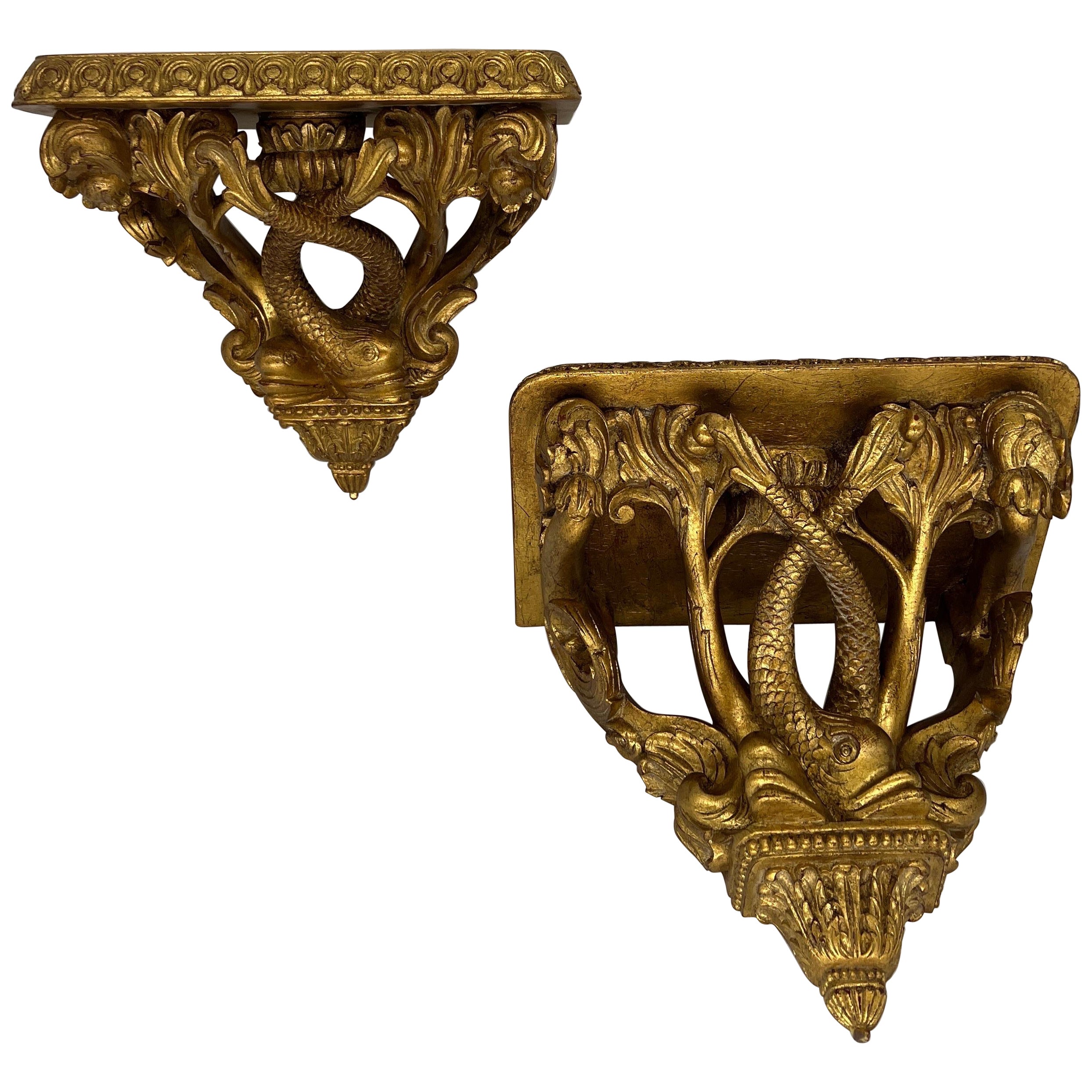 Pair, Maitland Smith Regency Style Gilt Decorated Dolphin Form Wall Brackets For Sale