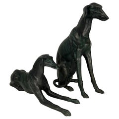 Antique Pair, Heavy Patinated Bronze Whippet Dog Statues