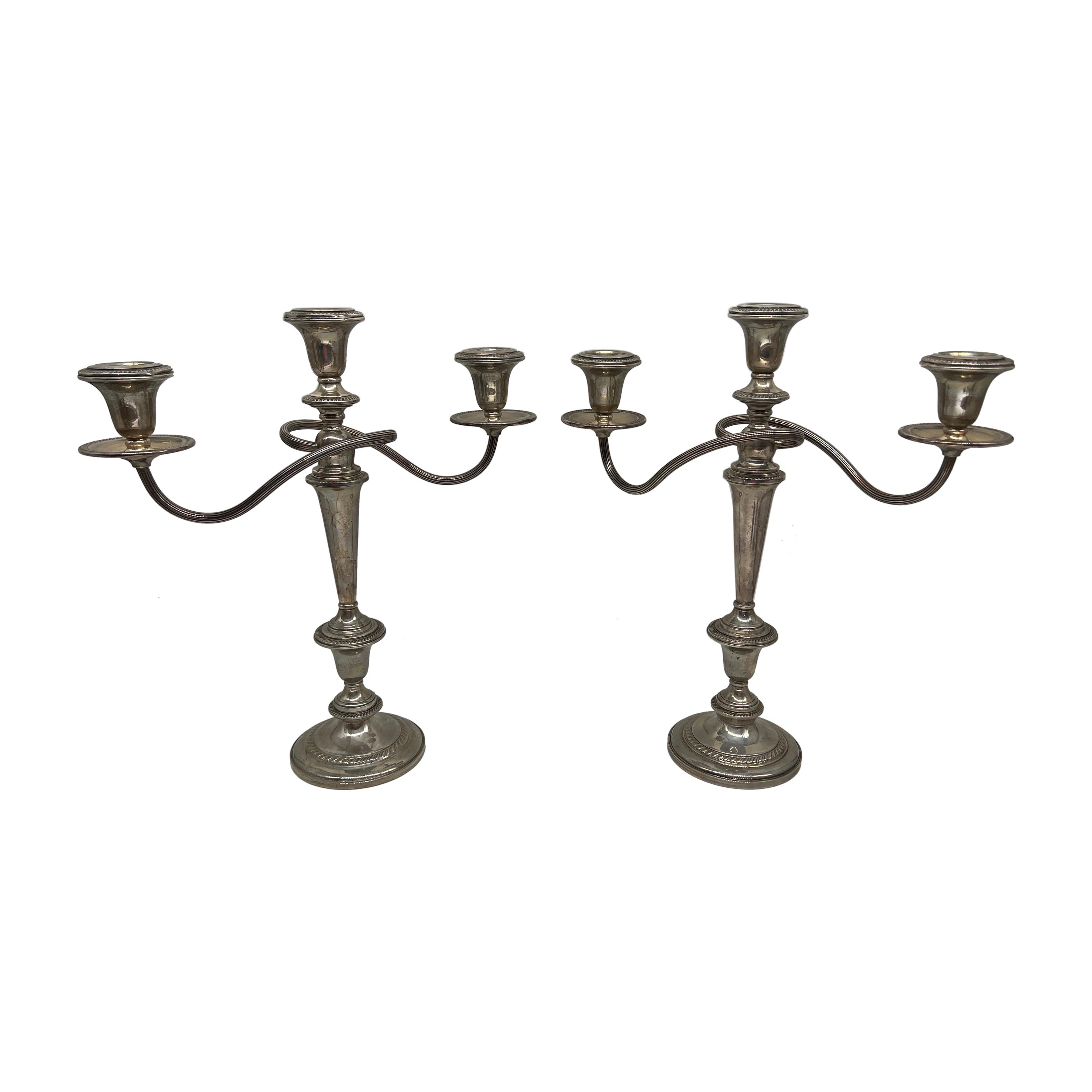 Mid-20th Century Pair of Weighted Sterling Convertible Three Light Candelabra For Sale