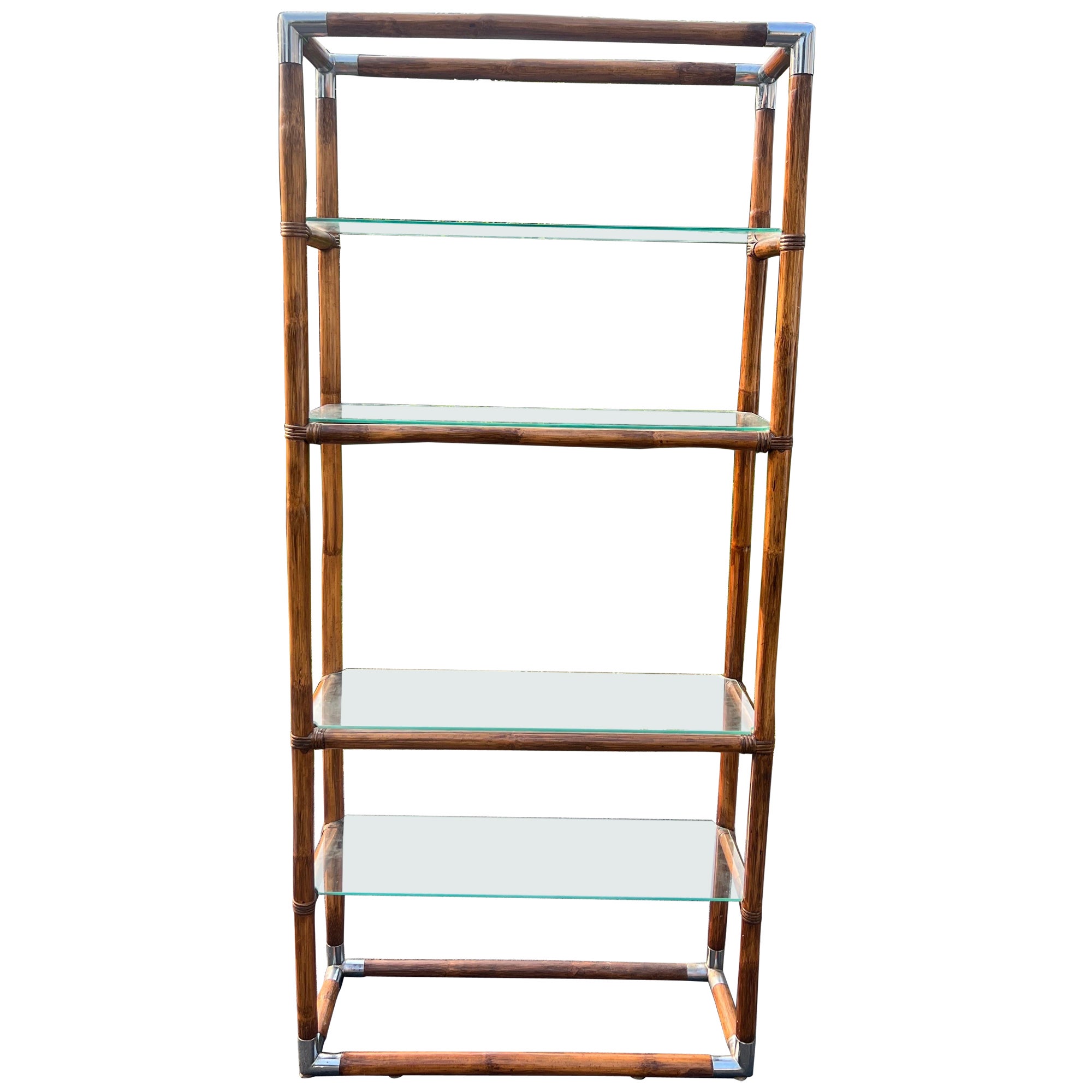 Vintage Hollywood Regency Style MCM Chrome, Bamboo & Glass Etagere  For Sale