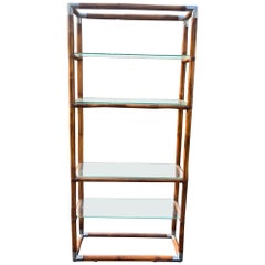Estantería MCM Cromada, Bambú y Cristal Estilo Hollywood Regency Vintage