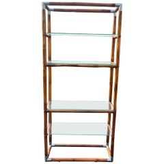 Vintage Hollywood Regency Stil MCM Chrom, Bambus & Glas Etagere 