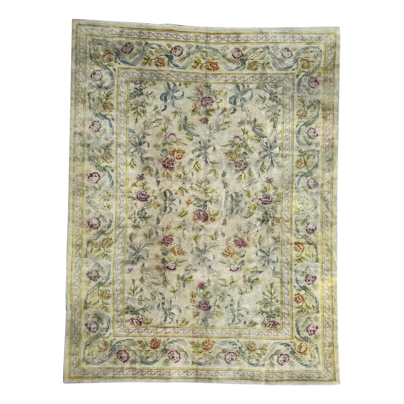 Bobyrug’s Pretty early 20th century large French Aubusson knotted rug 