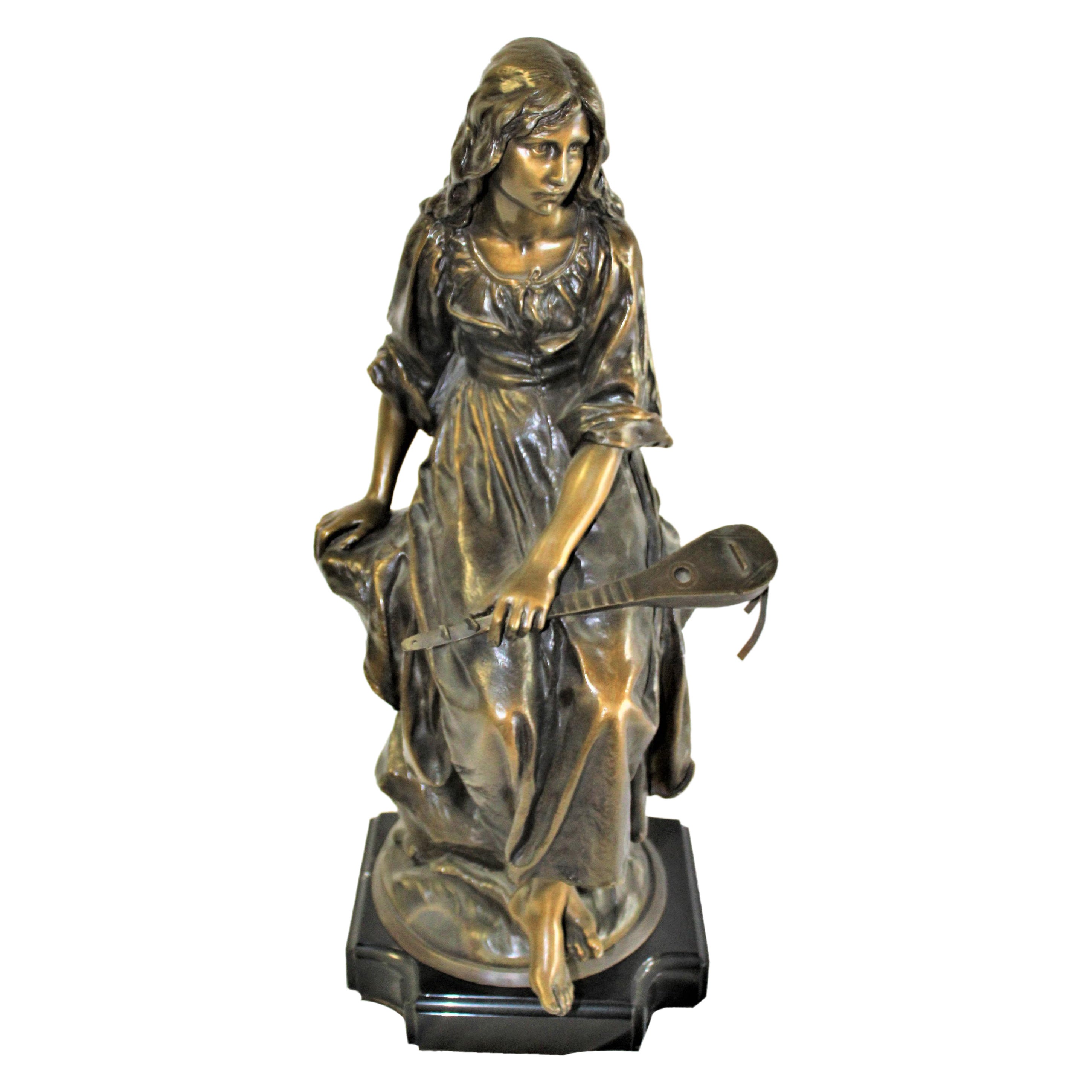 19 Th century  Lady Bronze with mandolin, Signed For Sale