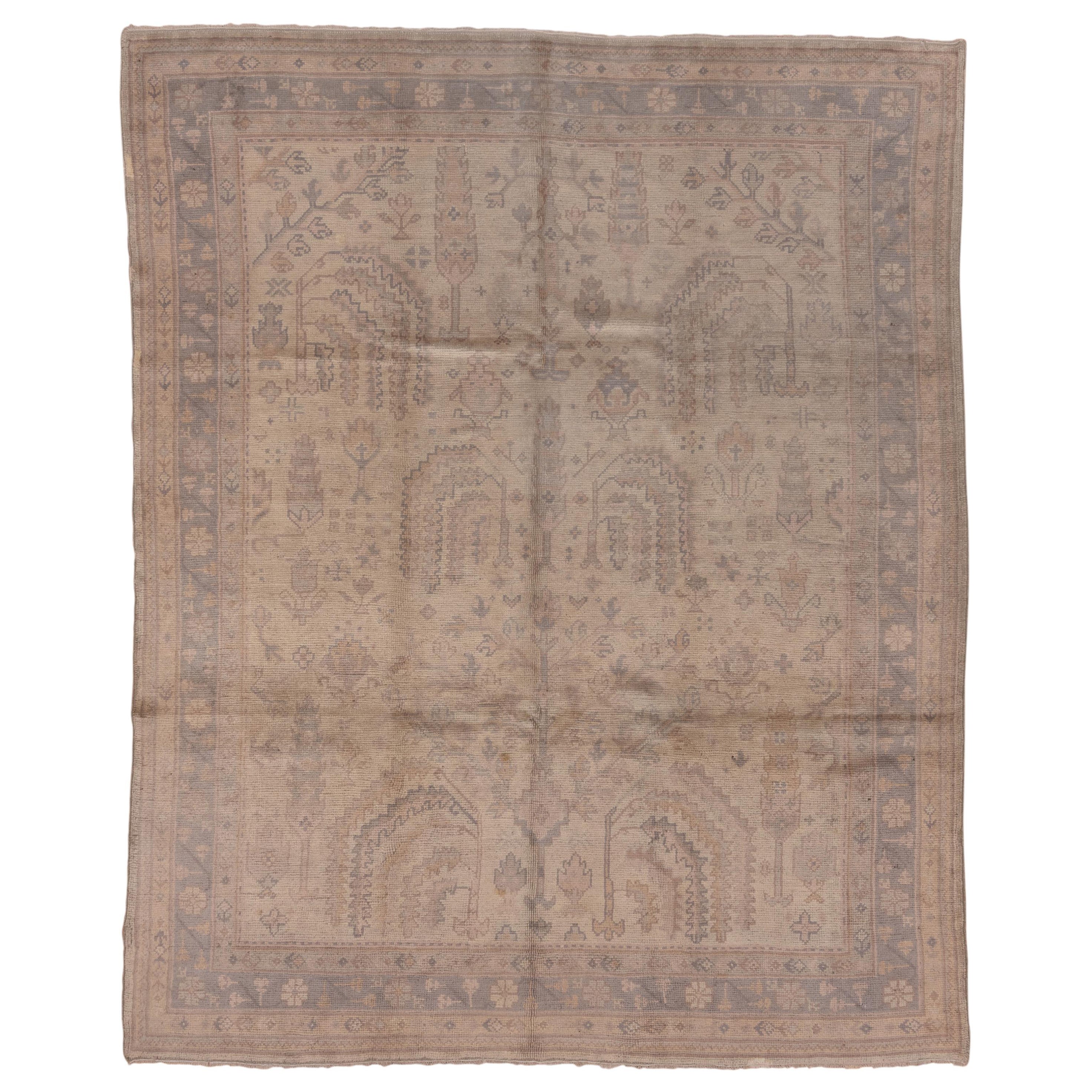 Antique Turkish Oushak Rug, Beige FIeld, Periwinkle Borders, Light Pink Accents For Sale
