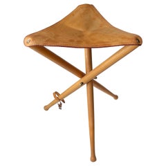 Vintage Scandinavian Folding Tripod Hunting Stool in Leather and Beech, 1970s