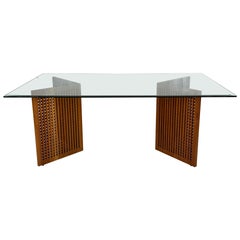 Teak Lattice Trestles Dining Room Glass Top Table