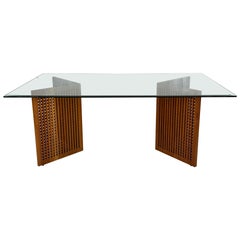 Teak Lattice Trestles Dining Room Glass Top Table 