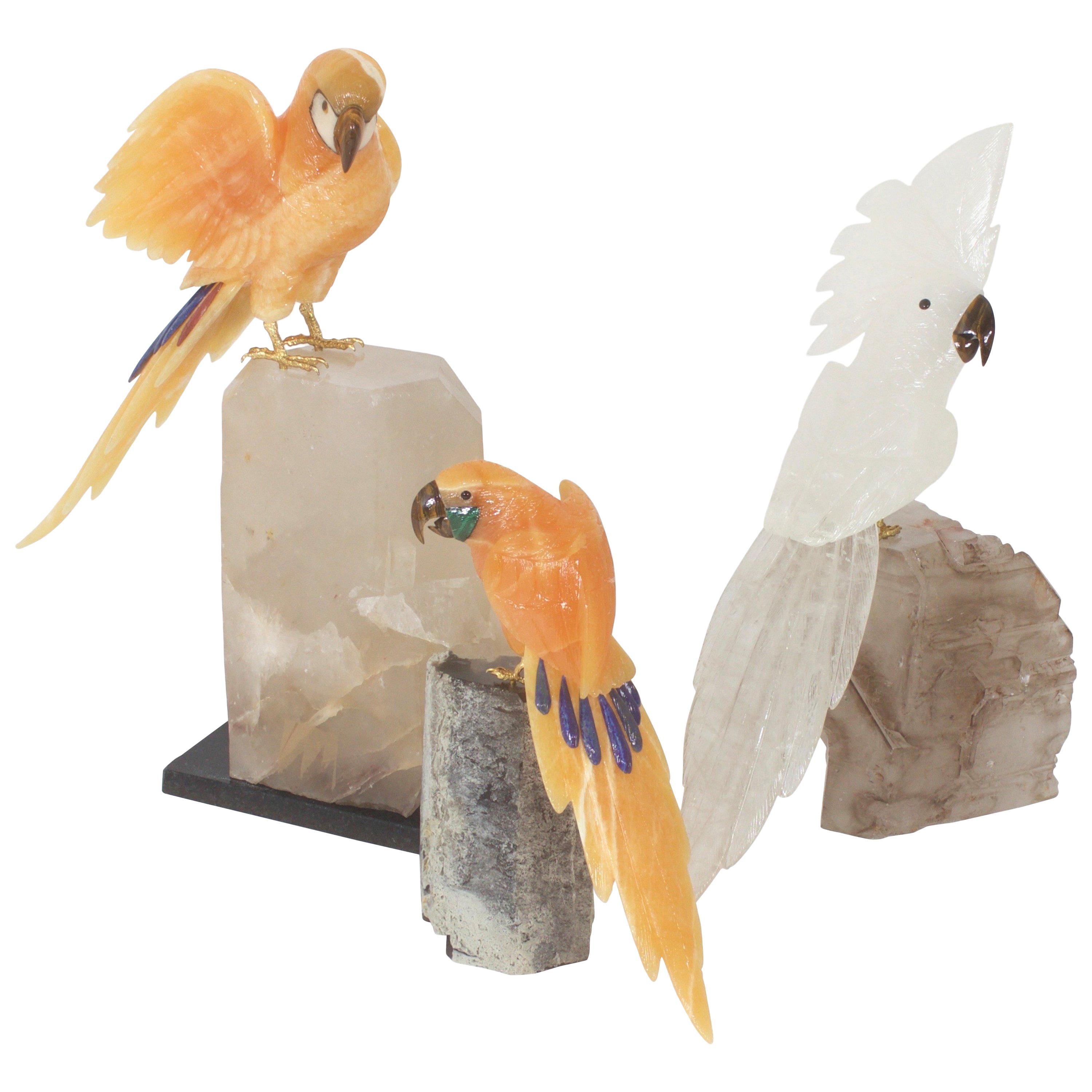 Carved Geode Hardstone Parrot Sculptures