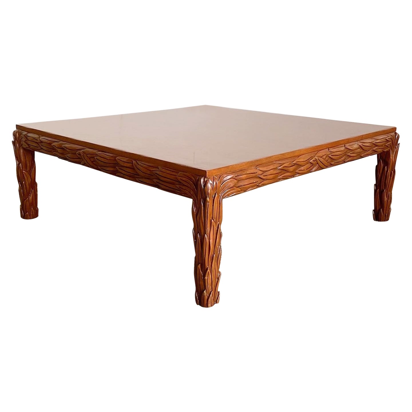 Hand Carved Wooden Leaves Square Coffee Table