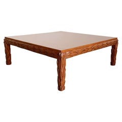 Retro Hand Carved Wooden Leaves Square Coffee Table