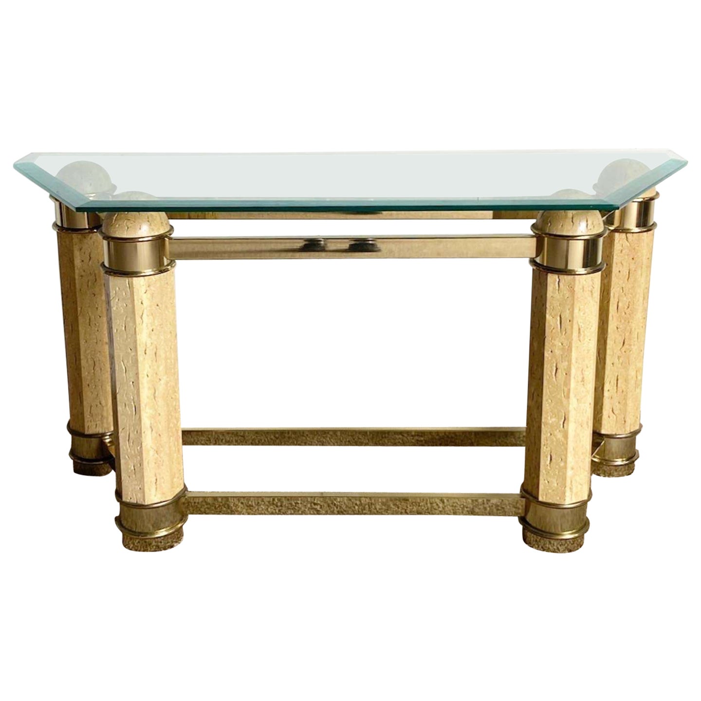 Postmodern Faux Stone and Brass Glass Top Console Table For Sale