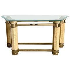 Postmodern Faux Stone and Brass Glass Top Console Table