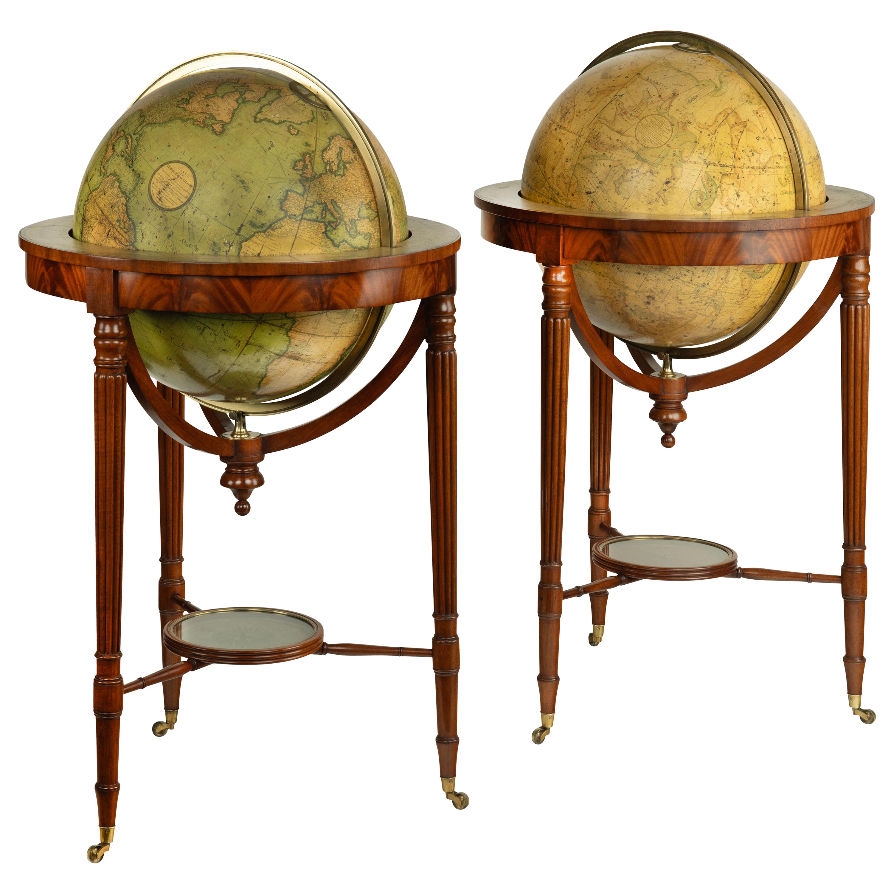 A pair of mahogany Regency 21-inch globes by J&W Cary dated 1799 and 1819 For Sale