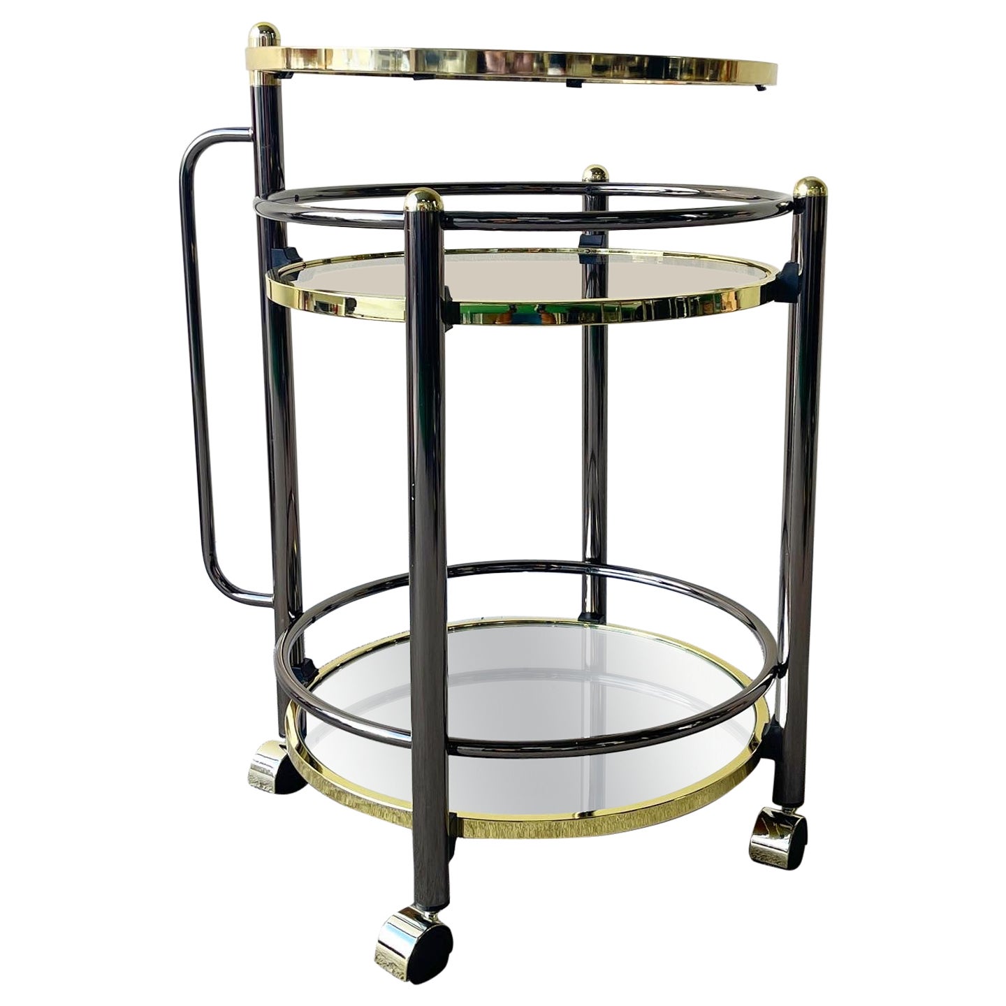 Hollywood Regency Gold and Charcoal Three Tear Mirrored Swivel Top