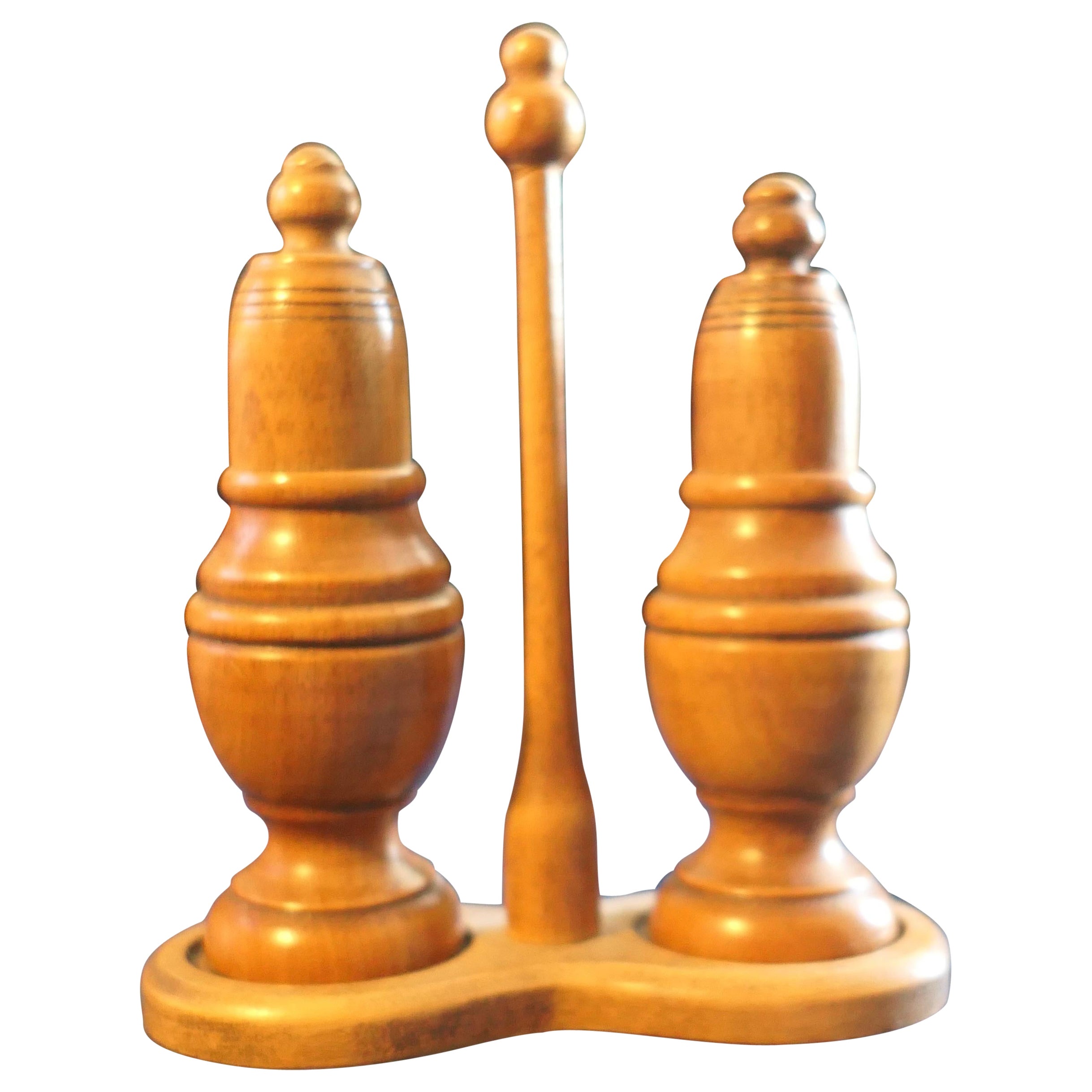 19th Century Beech Treen Salt and Pepper Shakers on Stand    For Sale