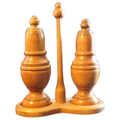 Antique 19th Century Beech Treen Salt and Pepper Shakers on Stand   