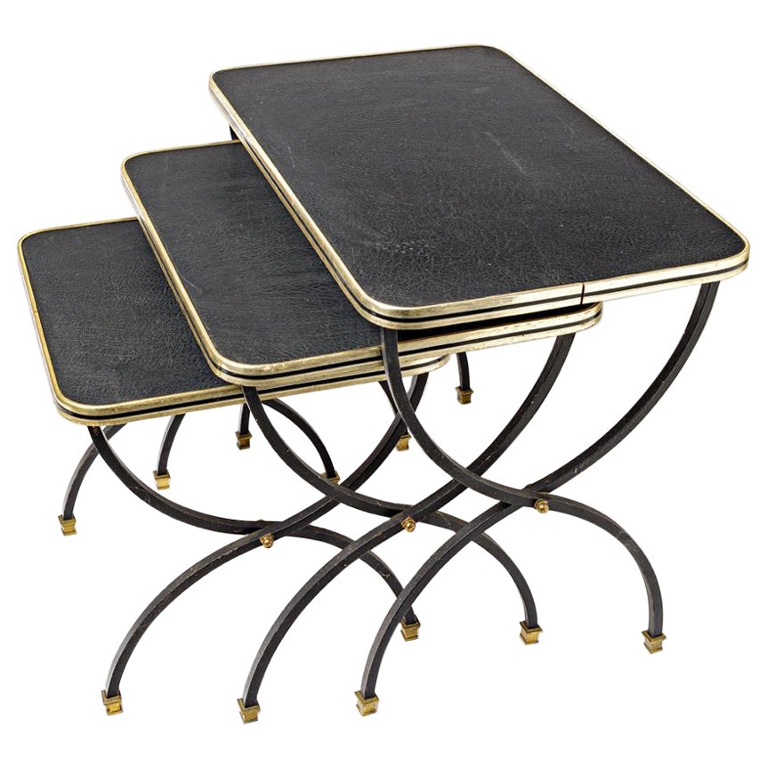 Set of 3 black low sofa tables 20th century design in style of Jacques Adnet For Sale