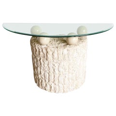 Retro Postmodern Tessellated Stone Demi Lune Glass Top Console Table