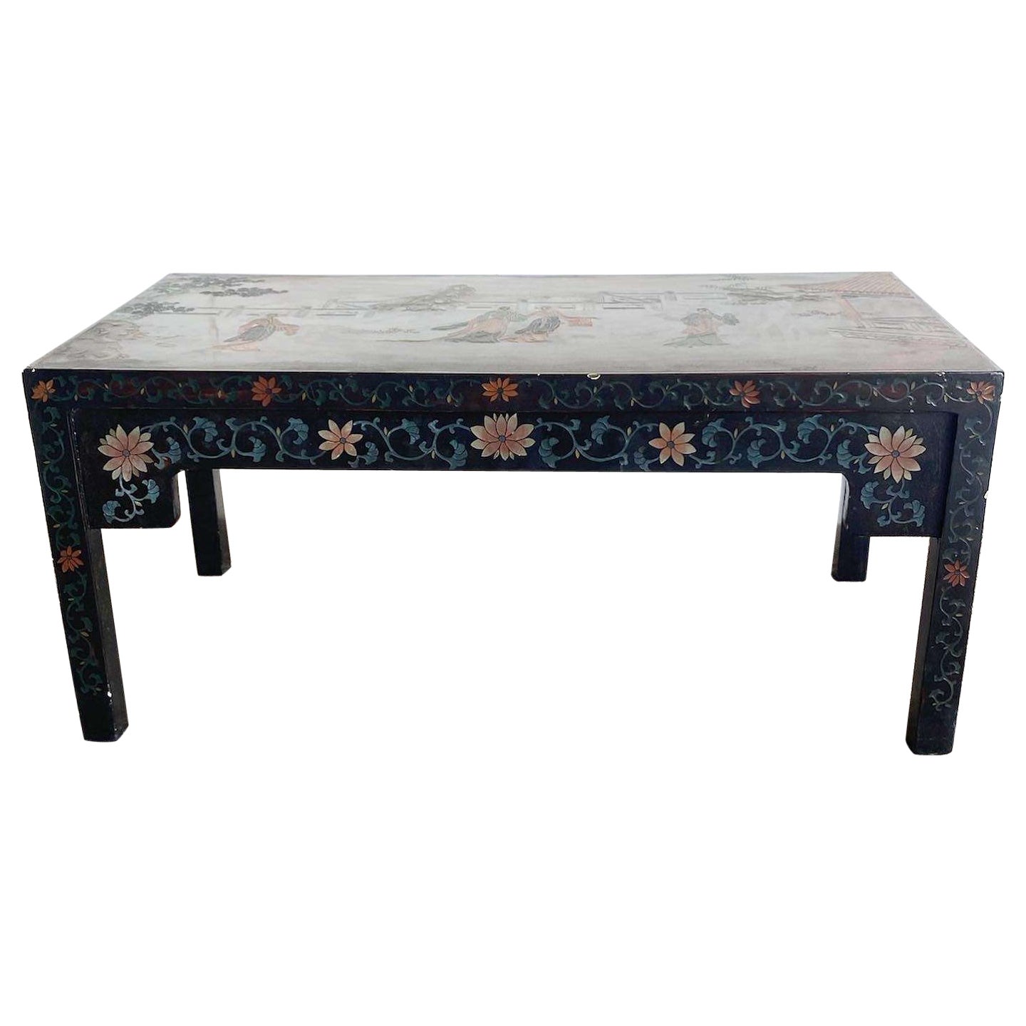 Chinese Hand Carved and Painted Black Lacquered Rectangular Coffee Table For Sale