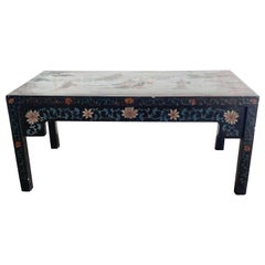 Retro Chinese Hand Carved and Painted Black Lacquered Rectangular Coffee Table