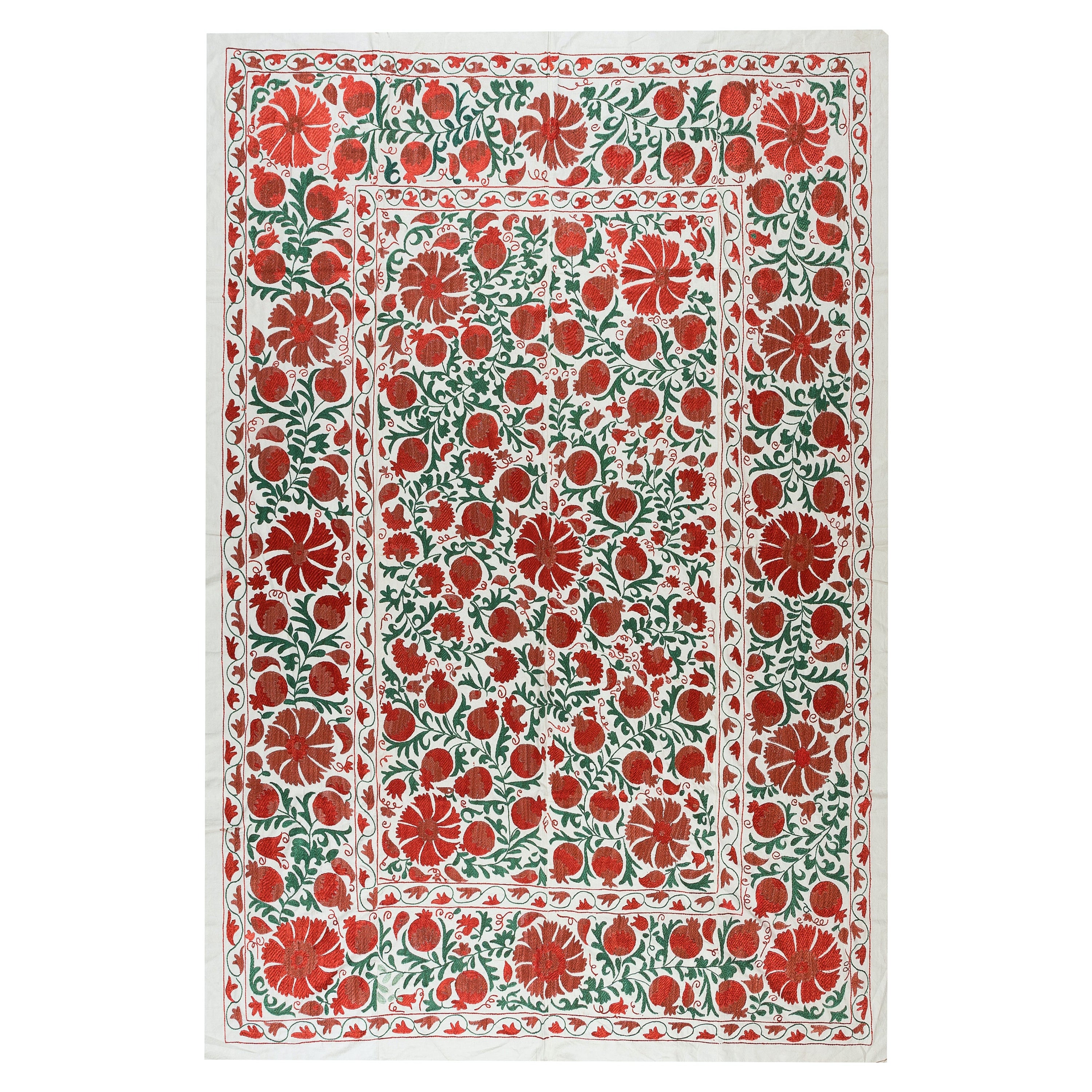 6.3x8.3 Ft Silk Embroidery Bed Cover in Cream, Red & Green, Suzani Wall Hanging For Sale