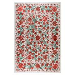 6.3x8.3 Ft Silk Embroidery Bed Cover in Cream, Red & Green, Suzani Wall Hanging