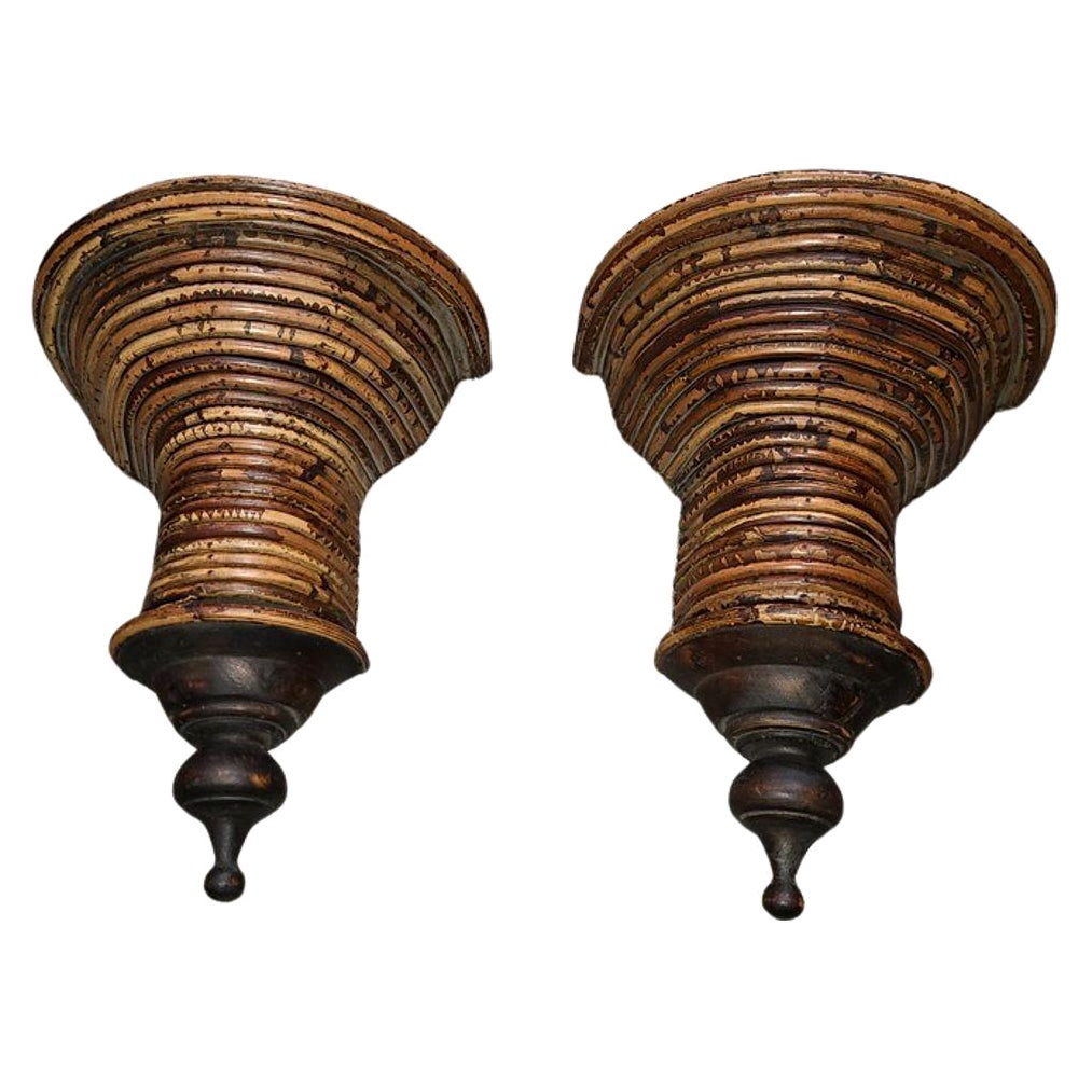 Restored Pencil Reed Rattan Wall Shelf Pedestals, Pair in the style of Crespi For Sale