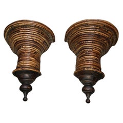 Restored Pencil Reed Rattan Wall Shelf Pedestals, Pair in the style of Crespi