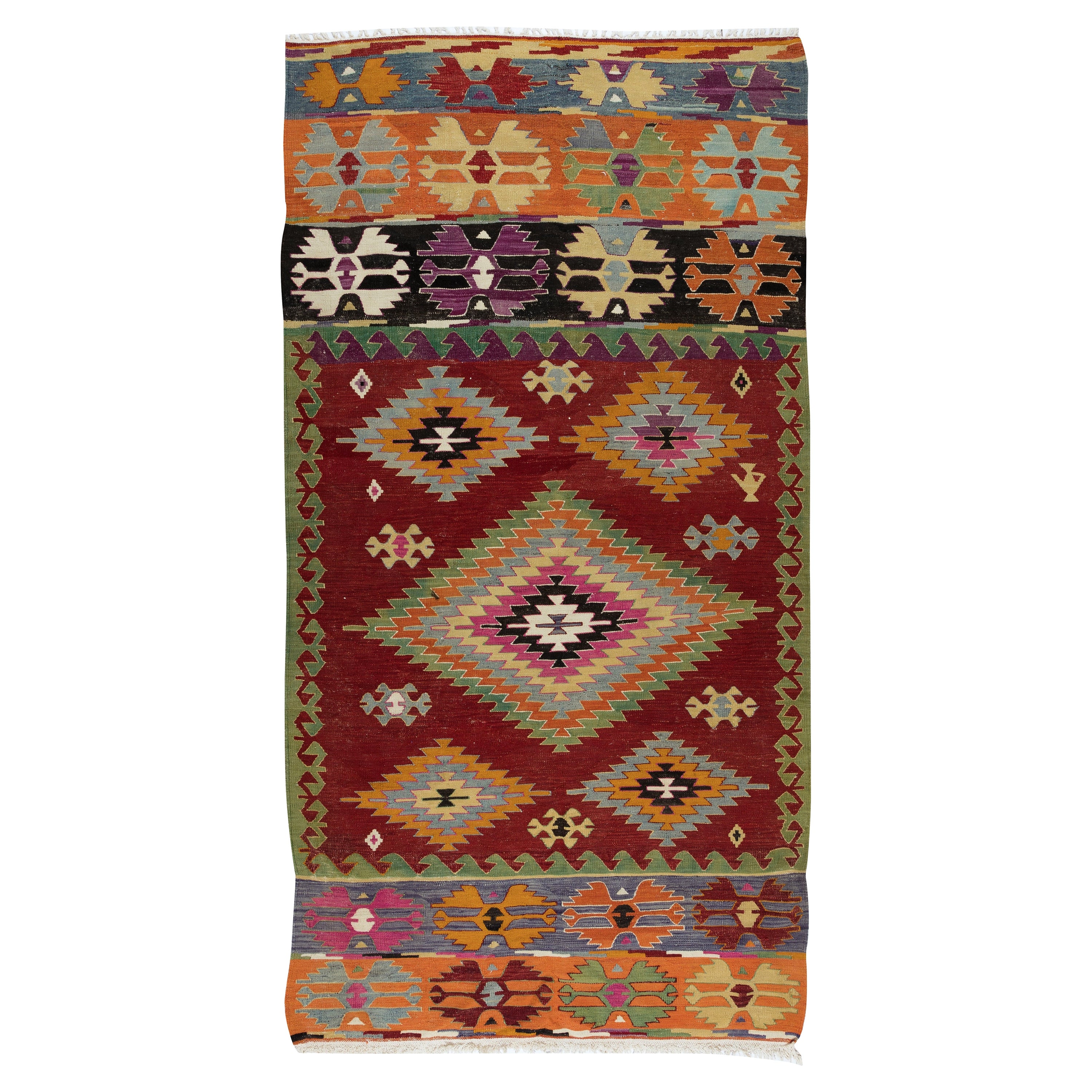 Rug & Kilim geometrico vintage dalla Turchia, 100% lana, colorato, 5x9,6 piedi, tessuto a mano