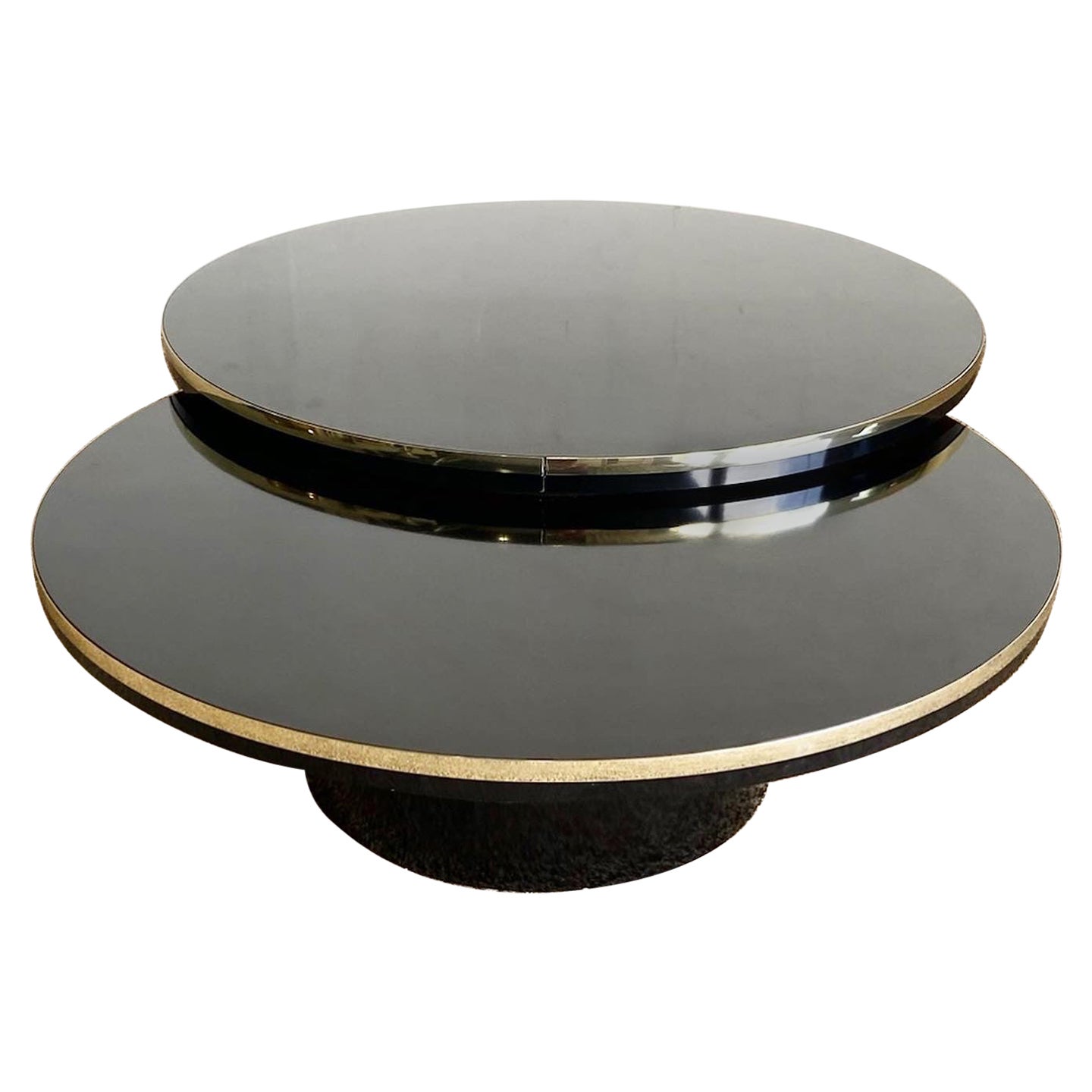 Postmodern Black Lacquer Laminate Two Tier Swivel Coffee Table With Gold Trim For Sale