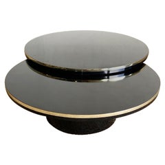 Postmodern Black Lacquer Laminate Two Tier Swivel Coffee Table With Gold Trim