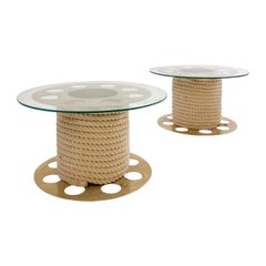 Mid-Century Pair of Paco Rabanne Side Tables, Glass, Rope and Metal, 1980s