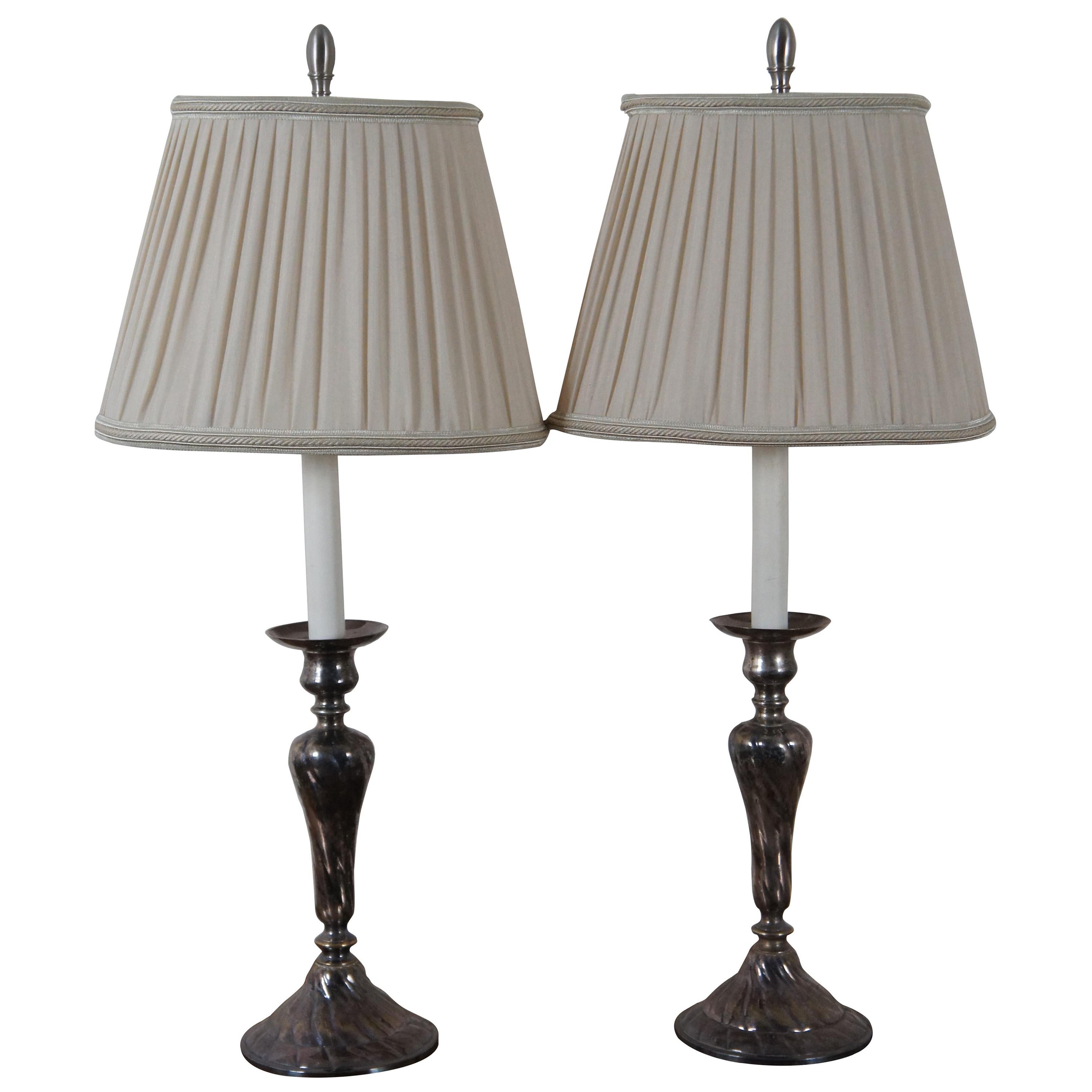 2 Vintage Silver Plate Twisted Candlestick Table Buffet Lamps 28" For