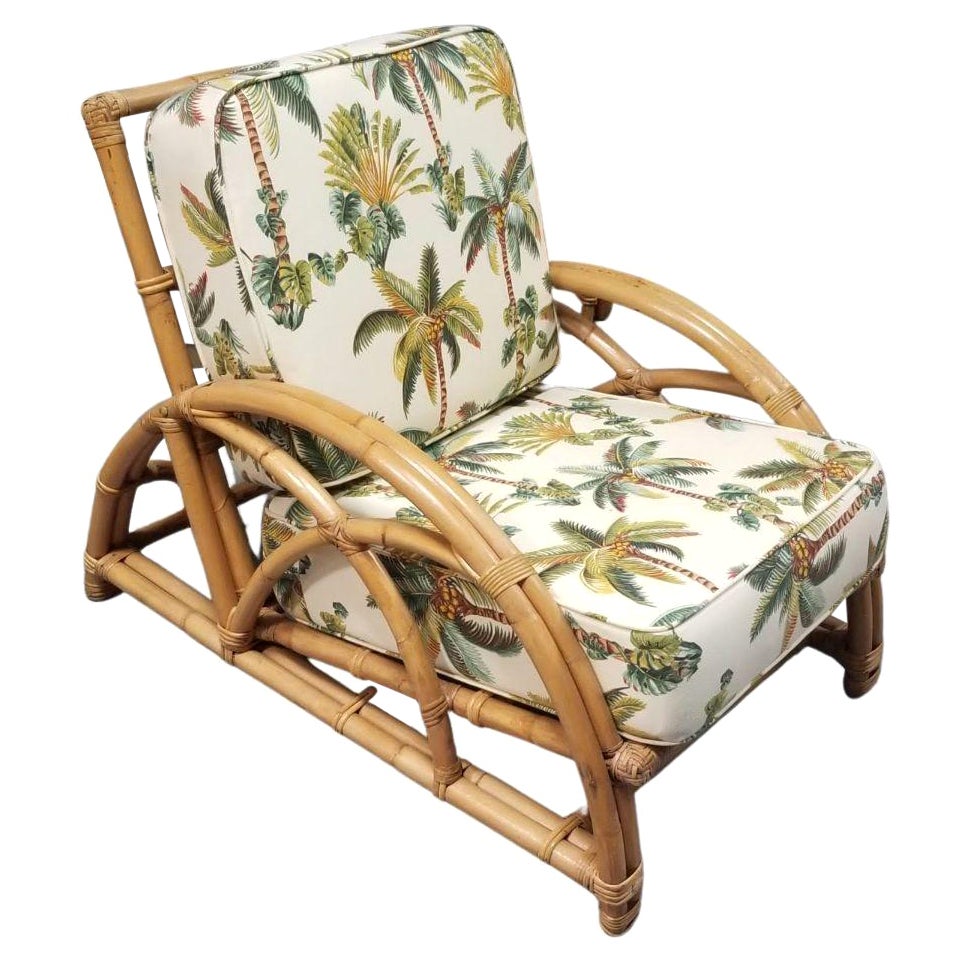 Restored Rattan 2-Strand Half Moon Lounge Chair with Palm Print Cushions For Sale