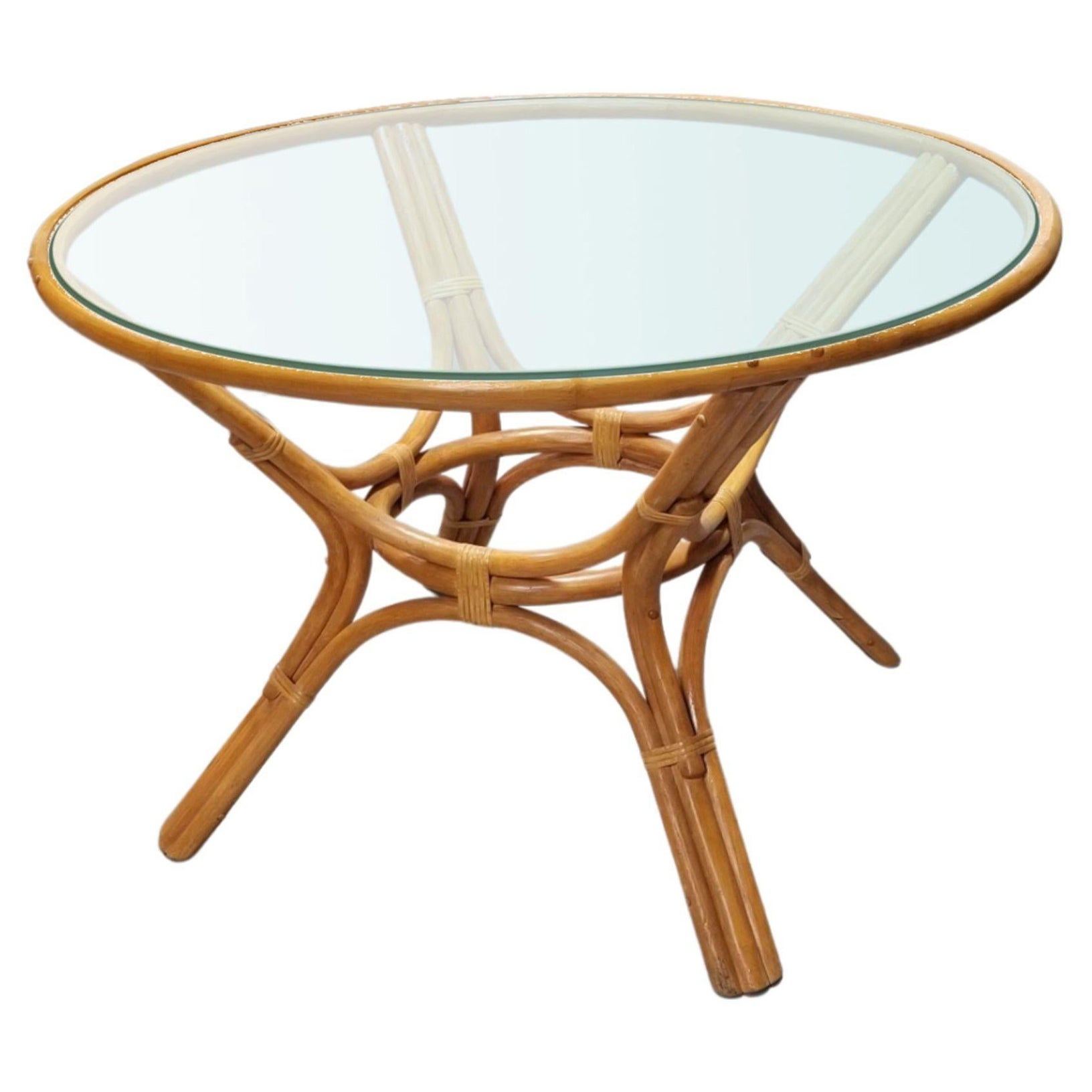 Restored 3-Strand Rattan Round Dining Table with Glass Top For Sale