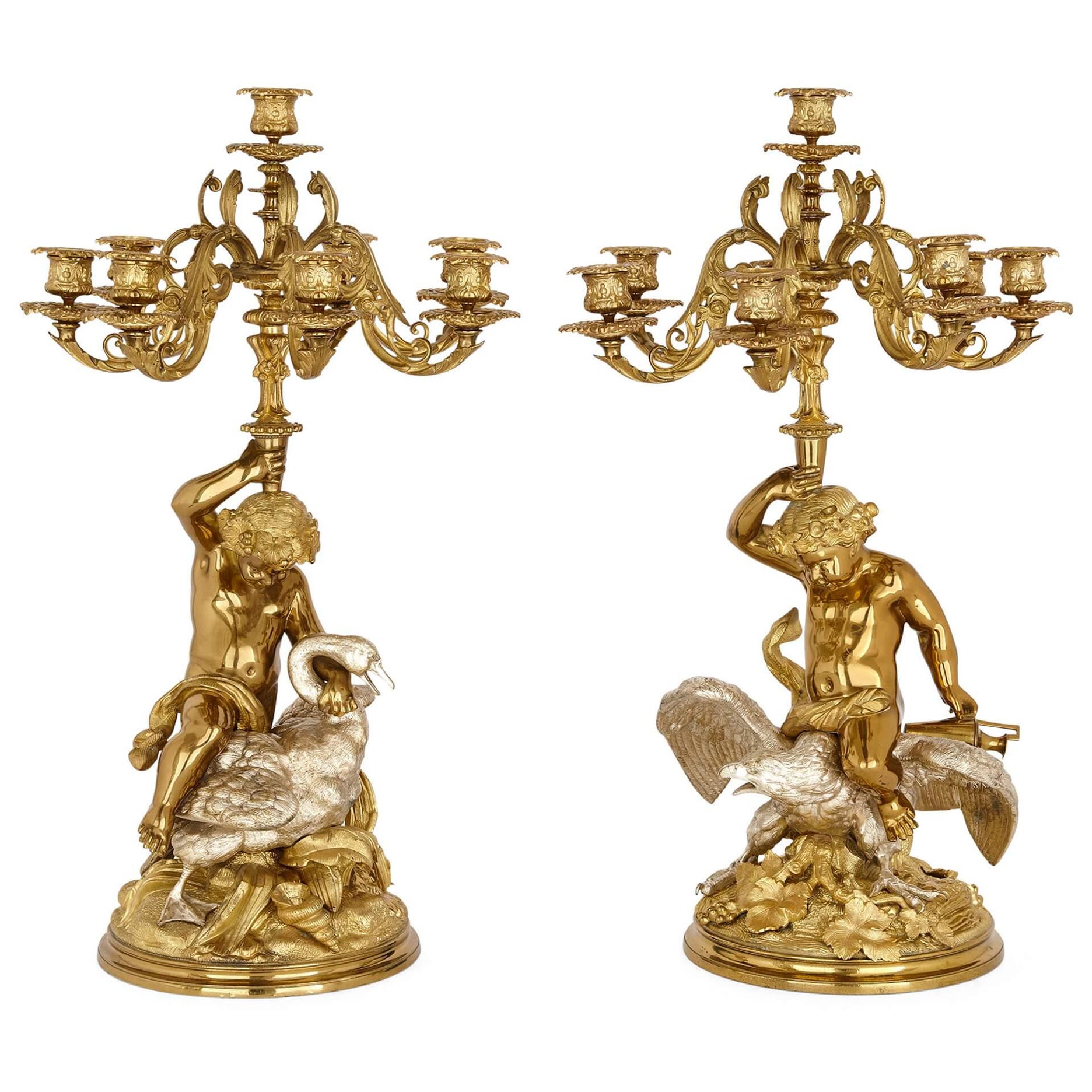 Pair of French Silvered and Gilt Bronze Candelabra  For Sale