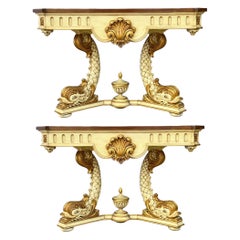 1970s Neo-Classical Style Carved Giltwood Console Tables With Dolphins -Pair 