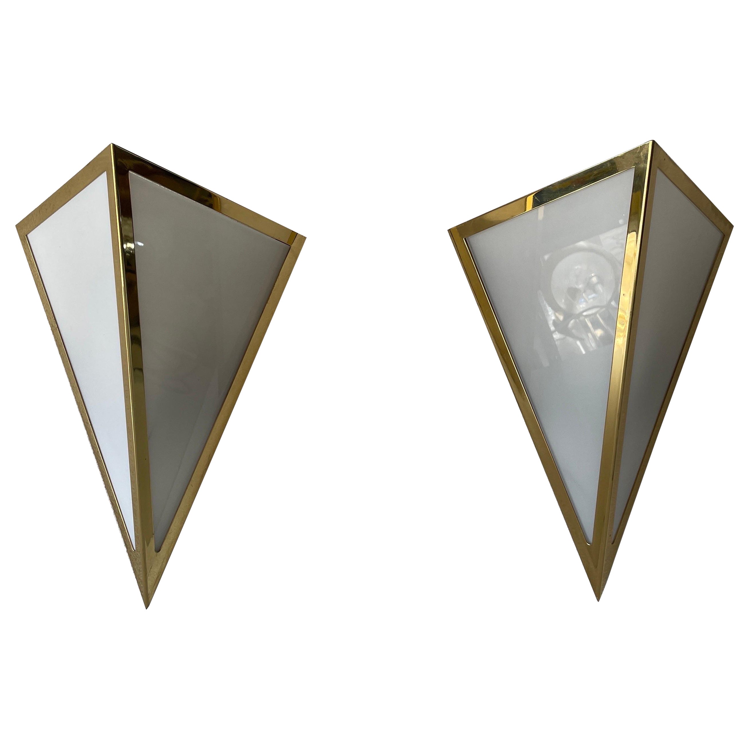 Triangle Design Opal Glass and Gold Metal Pair of Sconces by WKR, 1970s, Germany