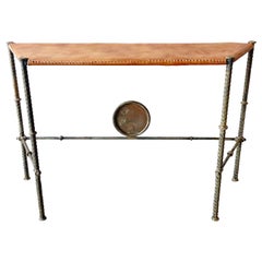 Vintage Wrought Iron Leather Top Console Table