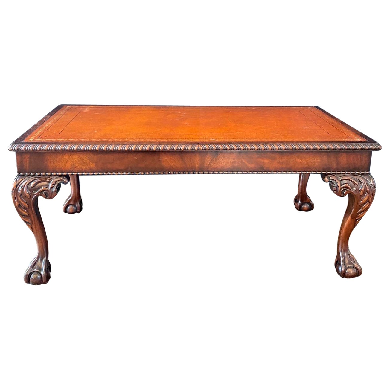  British Style Ball and Claw Foot Mahogany Coffee Table & Embossed Leather Top For Sale