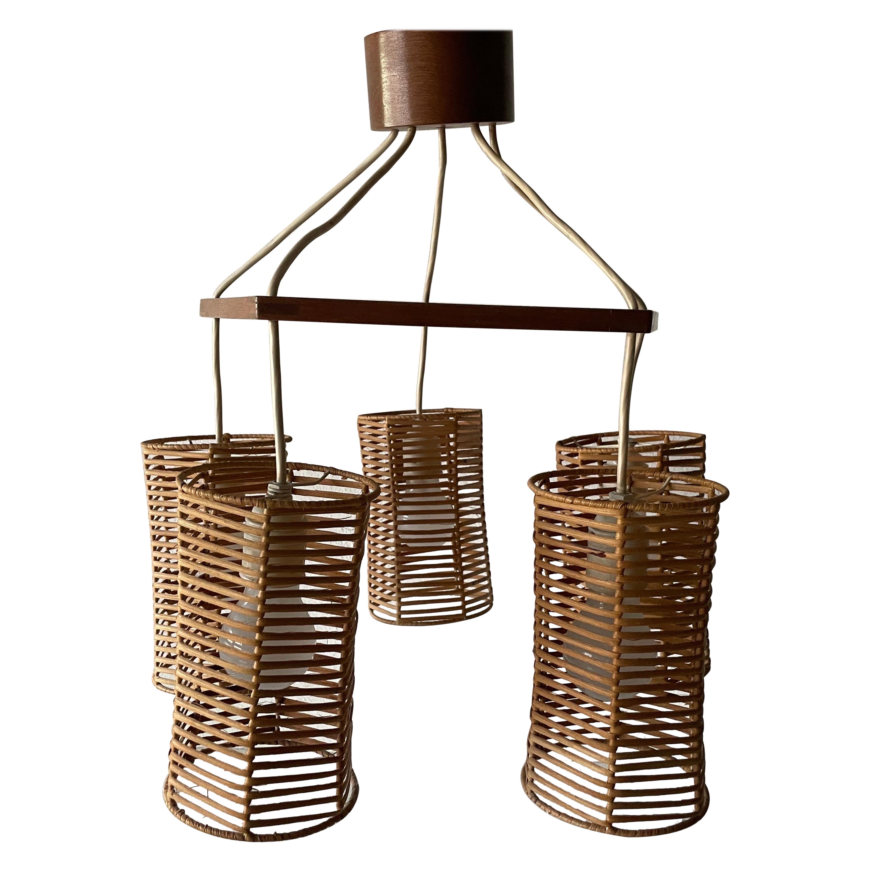 5-head Wicker and Wood Pendant Lamp, 1960s, Germany For Sale