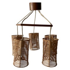 5-head Wicker and Wood Pendant Lamp, 1960s, Germany
