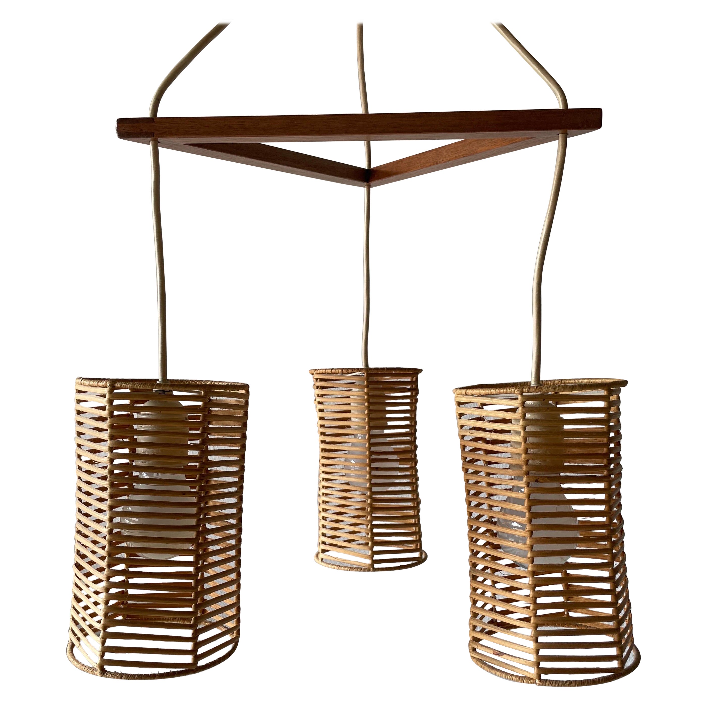 Triple Shade Wicker and Wood Pendant Lamp, 1960s, Germany For Sale