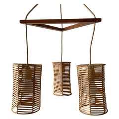 Retro Triple Shade Wicker and Wood Pendant Lamp, 1960s, Germany
