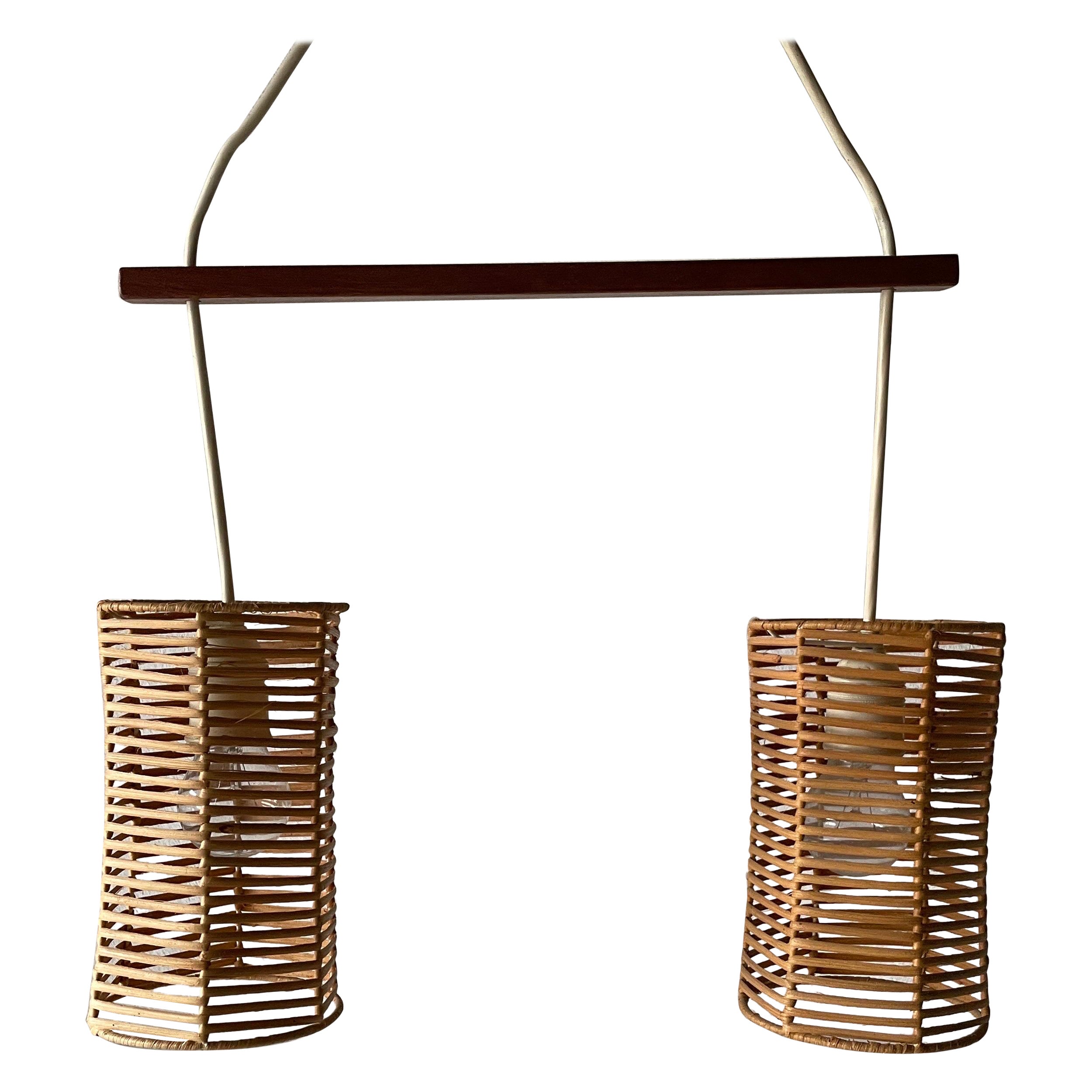 Double Shade Wicker and Wood Pendant Lamp, 1960s, Germany