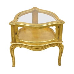 Vintage French Hollywood Regency Gold Giltwood Triangular Display Cabinet Table