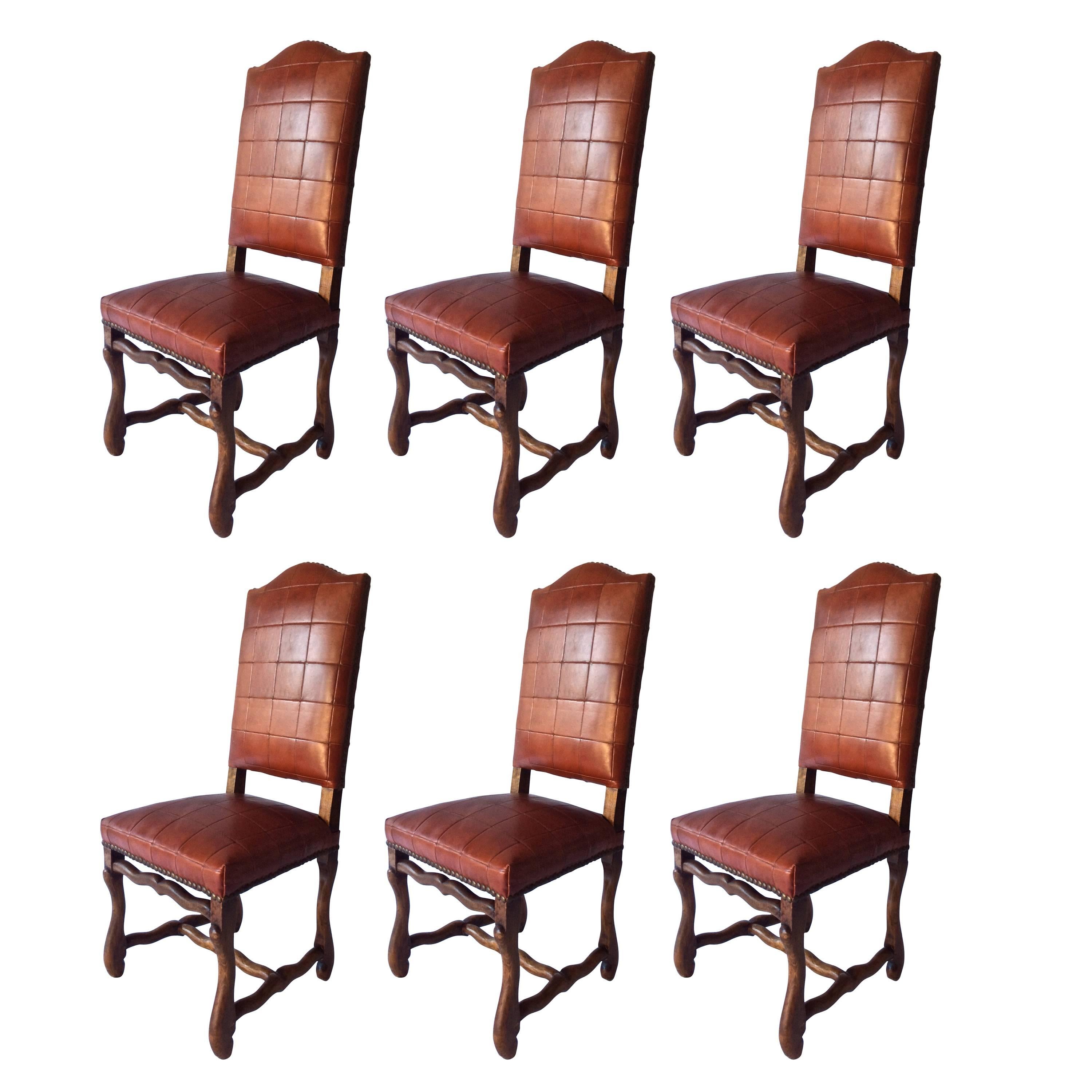 Set of Six Antiques Os Du Mouton Chairs, in Oxblood Red Leather Patchwork